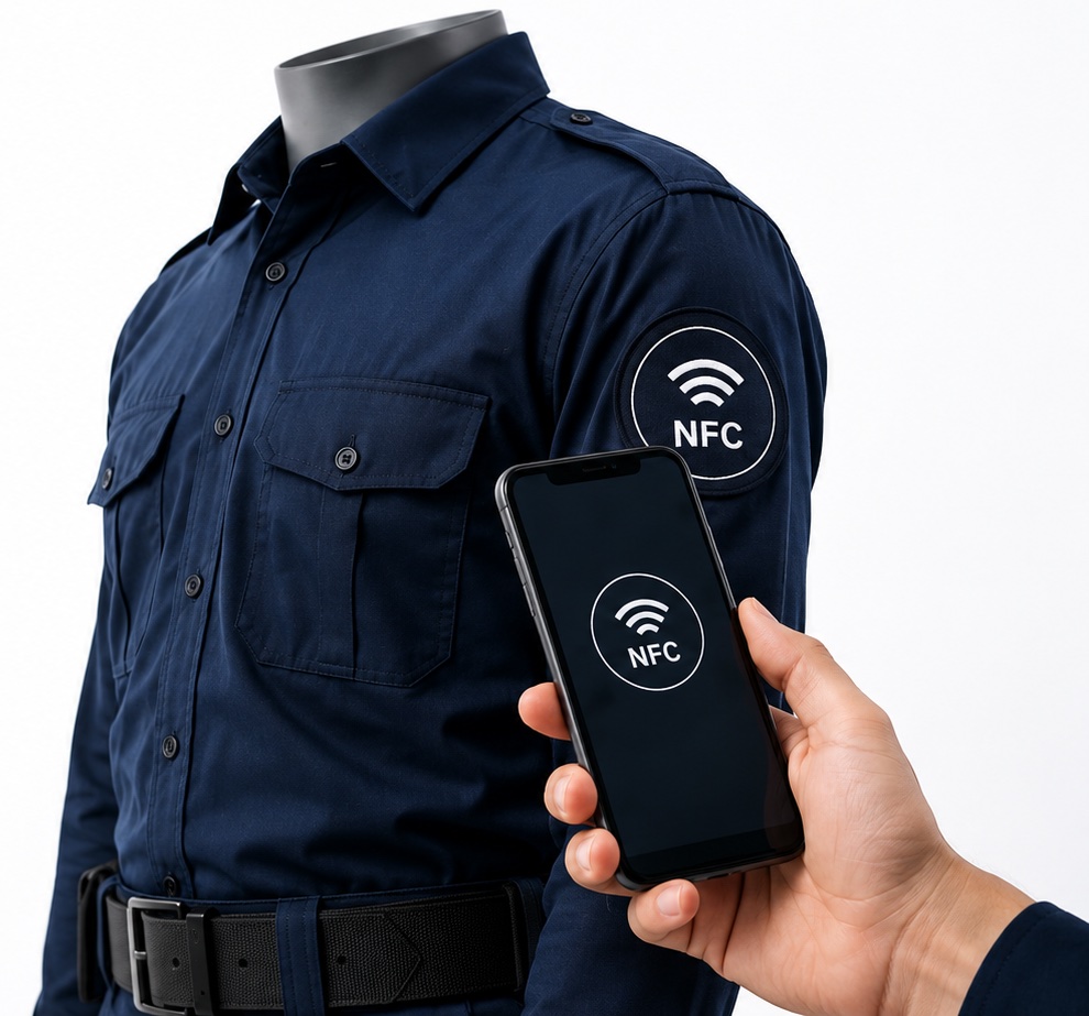 Uniforme corporativo con chip NFC siendo escaneado por un smartphone